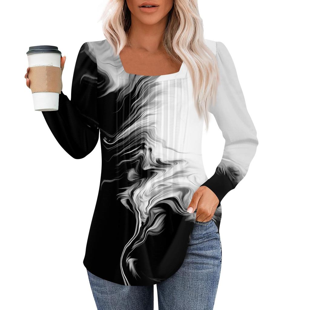 Рубашки с длинным рукавом для женщин, топы, нарядные повседневные блузки, плиссированные туники с квадратным вырезом