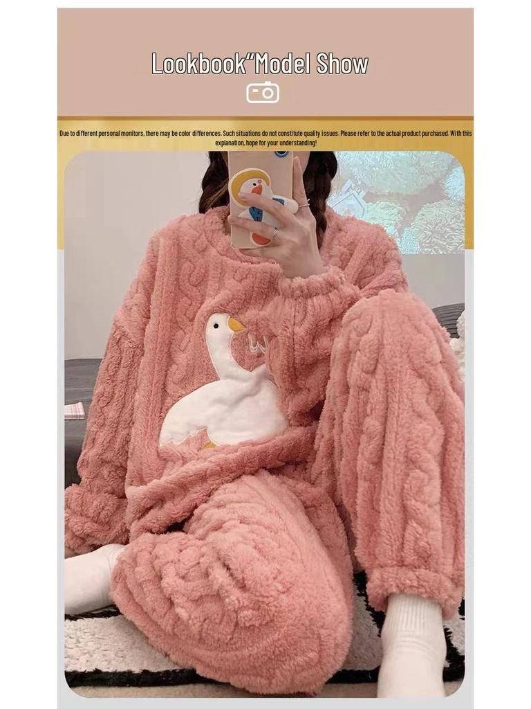 Женский зимний пижамный комплект из кораллового флиса: Милый, Утепленный, На велюровой подкладке, С длинным рукавом, Свободный фланелевый домашний костюм, Можно носить на улице