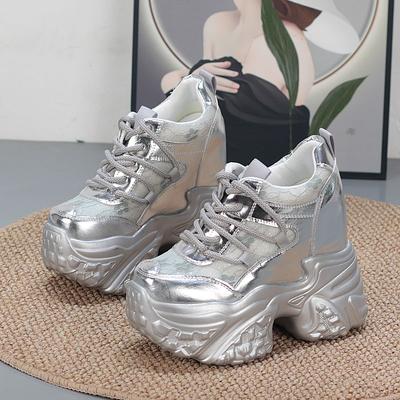 Мода 14СМ Воздушная сетка Синтетическая Натуральная кожа Платформа Танкетка Балетки Женские Вулканизированные Полые Летние Массивные Кроссовки Обувь