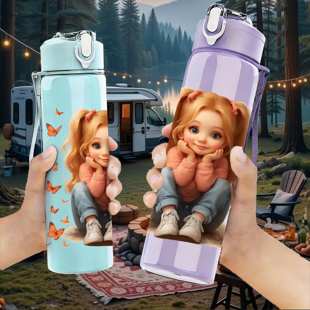 1PC Little Girl Butterfly Surround Portrait 750ml Color Plastic Sports Water Bottle Leakproof Flip Straw Lid Suitable for Sports Office Home Use