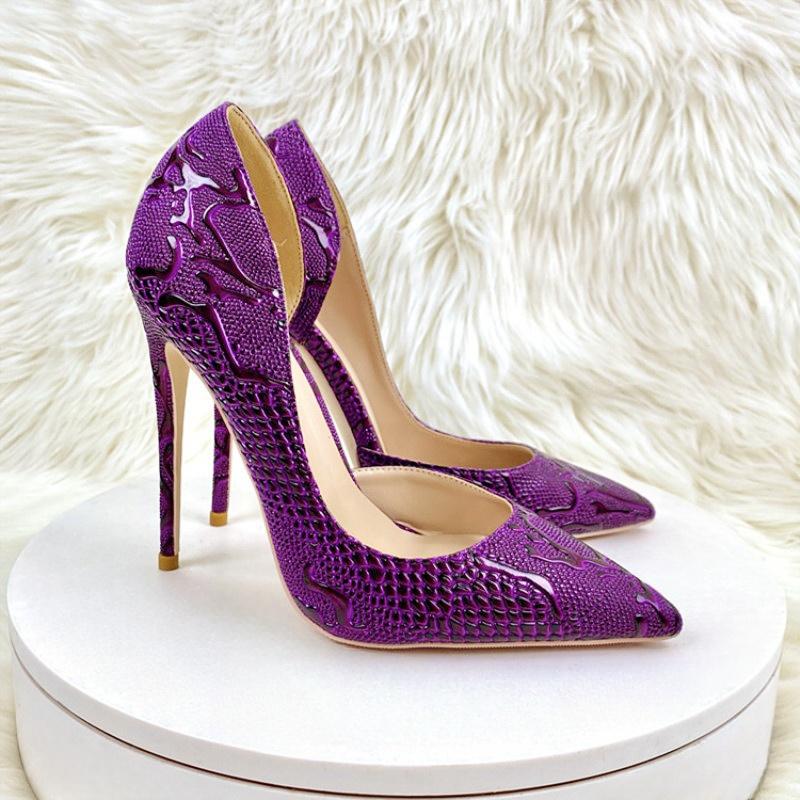 Сексуальные женские туфли с острым носком и тиснением под крокодила фиолетового цвета, туфли для вечеринок и банкетов, женские туфли больших размеров