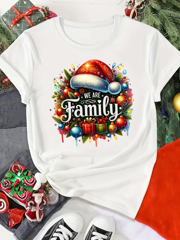 (Asian Size) Print Merry Christmas O-neck Women's Top New Year T Clothing Lovely Cute 90s Short Sleeve T-shirts Fashion Holiday Graphic Tee
