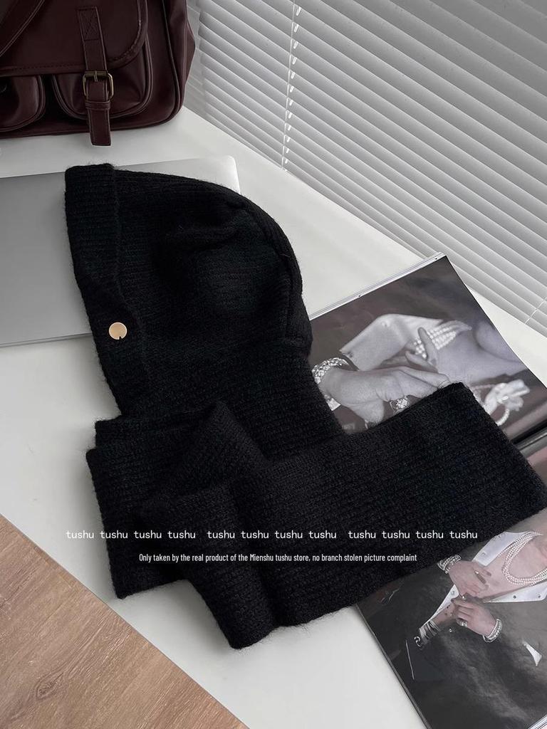 Высококачественная красная шерстяная шапка-балаклава для женщин с защитой ушей и шарфом