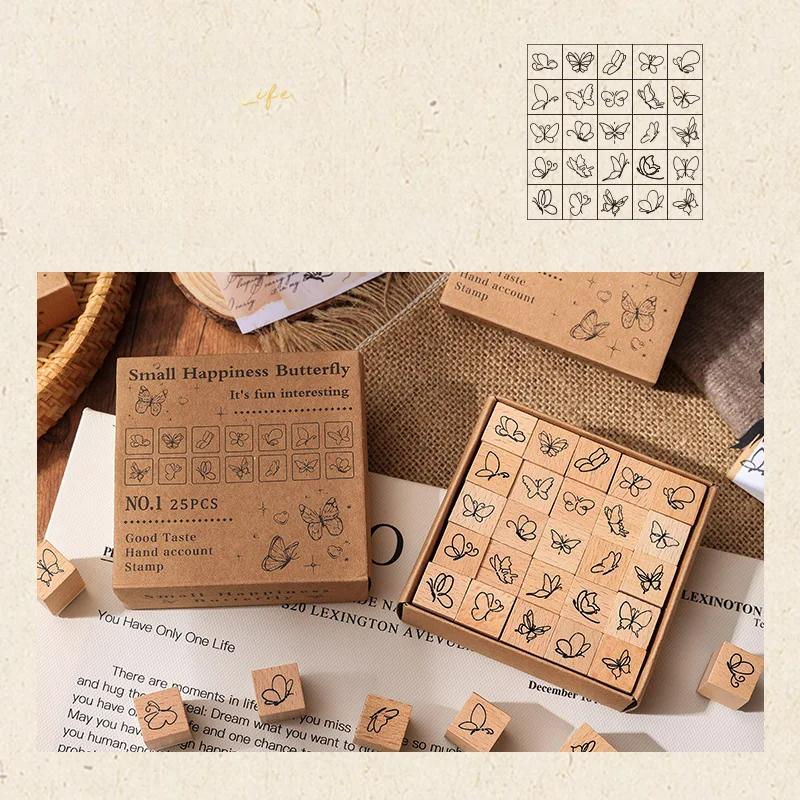 25 Pcs Plant Butterfly Weather Flower Week Wooden Rubber Stamp Scrapbooking Deco DIY Craft Standard Wooden Stamps Set