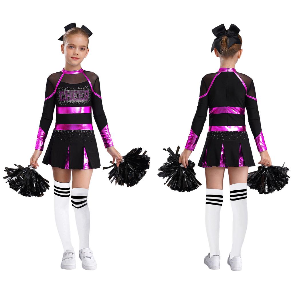 Детский танцевальный костюм Черлидинга для девочек, плиссированное платье с длинными рукавами и головным убором с бантом, комплекты цветов и носков