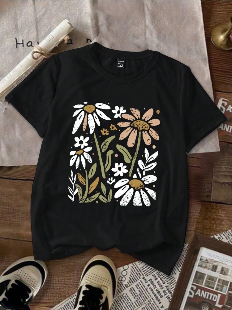 INAWLY Women's Casual Fashion Floral Print Cotton Short-Sleeve T-Shirt Women's Top Harajuku Plus Size Y2K Shirt Streetwear