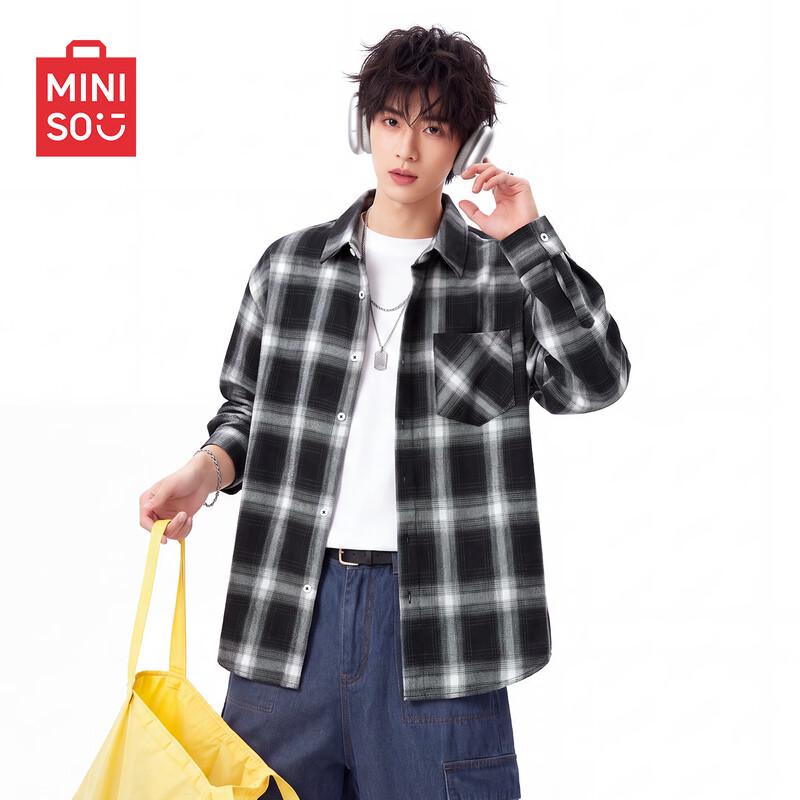 MINISO Men's American Retro Plaid Long Sleeve Shirt Jacket