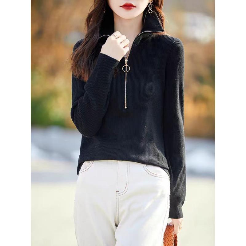 Spring New Worsted Wool Turtleneck Knitted Sweater Semi-zipper Solid Color Pit Strip Pullover Bottoming Shirt Top