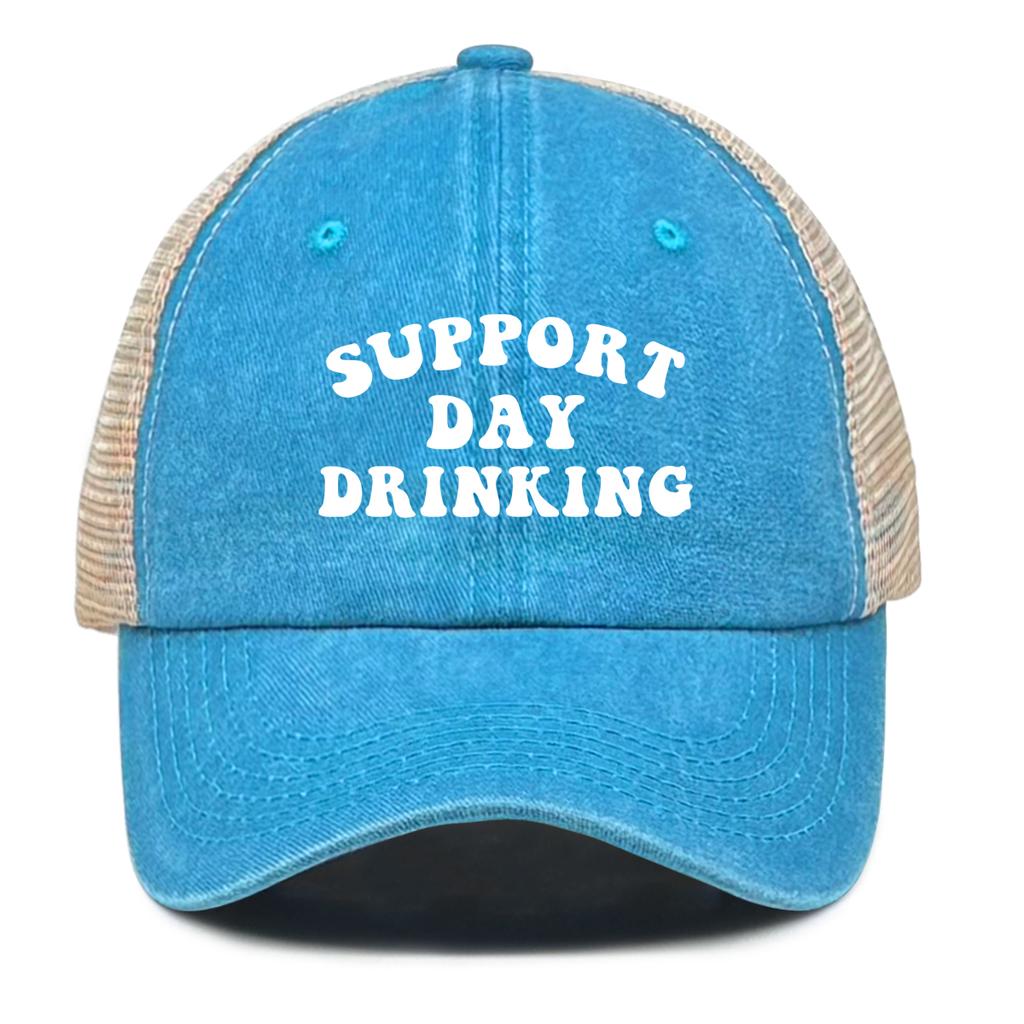 “Support Day Drinking” Print Mesh Cap Unisex Adjustable Trucker Hat Gorra Hombre Washed Retro Unisex Snapback Baseball Hat