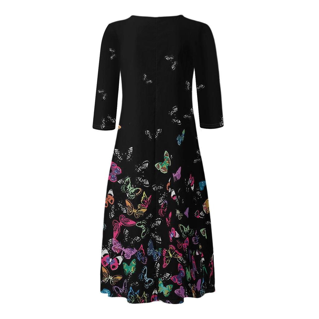 Женское летнее повседневное платье с V-образным вырезом на пуговицах, винтажным цветочным принтом, рукавом три четверти, длинное, с карманами