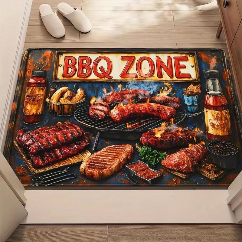 Retro BBQ Zone Welcome Doormat Grilled Ribs Steak Meat Pattern Front Door Mat Picnic Backyard Party Entryway Rug Floor Carpets