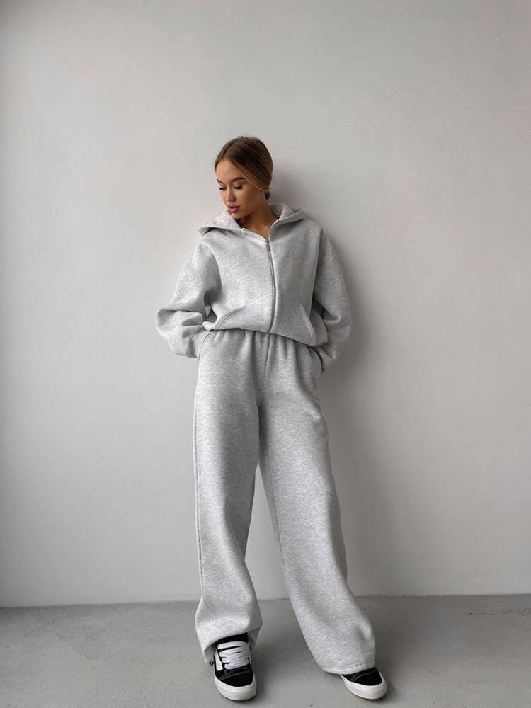 Women's Casual Tracksuit 2 Piece Set Solid Color Long Sleeve Hooded Cardigan Pocket Sweatshirt with Elastic Waist Pants