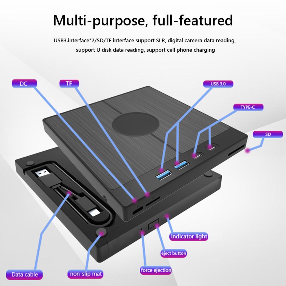 7 In 1 USB 3.0 Type C External CD DVD RW Writer Drive DVD Burner Reader Player Optical Drives with SD/TF Port For Macbook Laptop