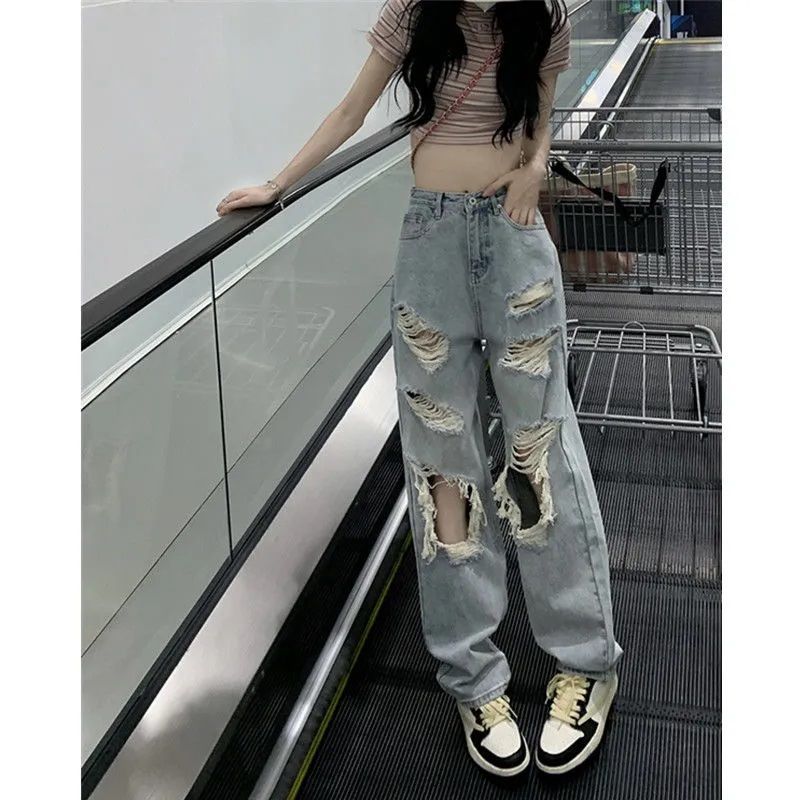 New Fashion High Quality Design Sense Large Size Washed Ripped Jeans Women Summer Spice Girls High Waist Straight Loose Jeans