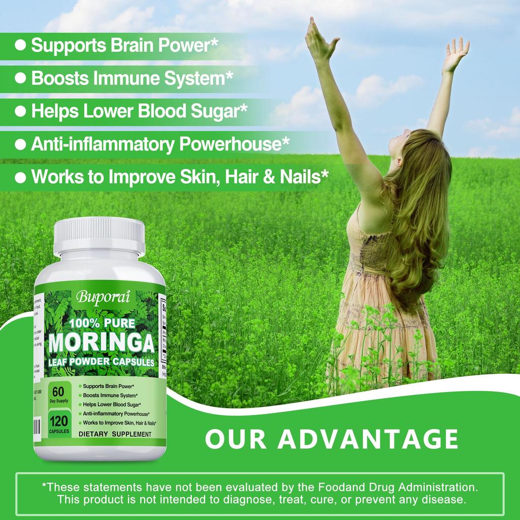 Moringa Capsules, 120 vegan moringa leaf powder capsules, an anti-inflammatory supplement that boosts the immune system, energy, and brain function.