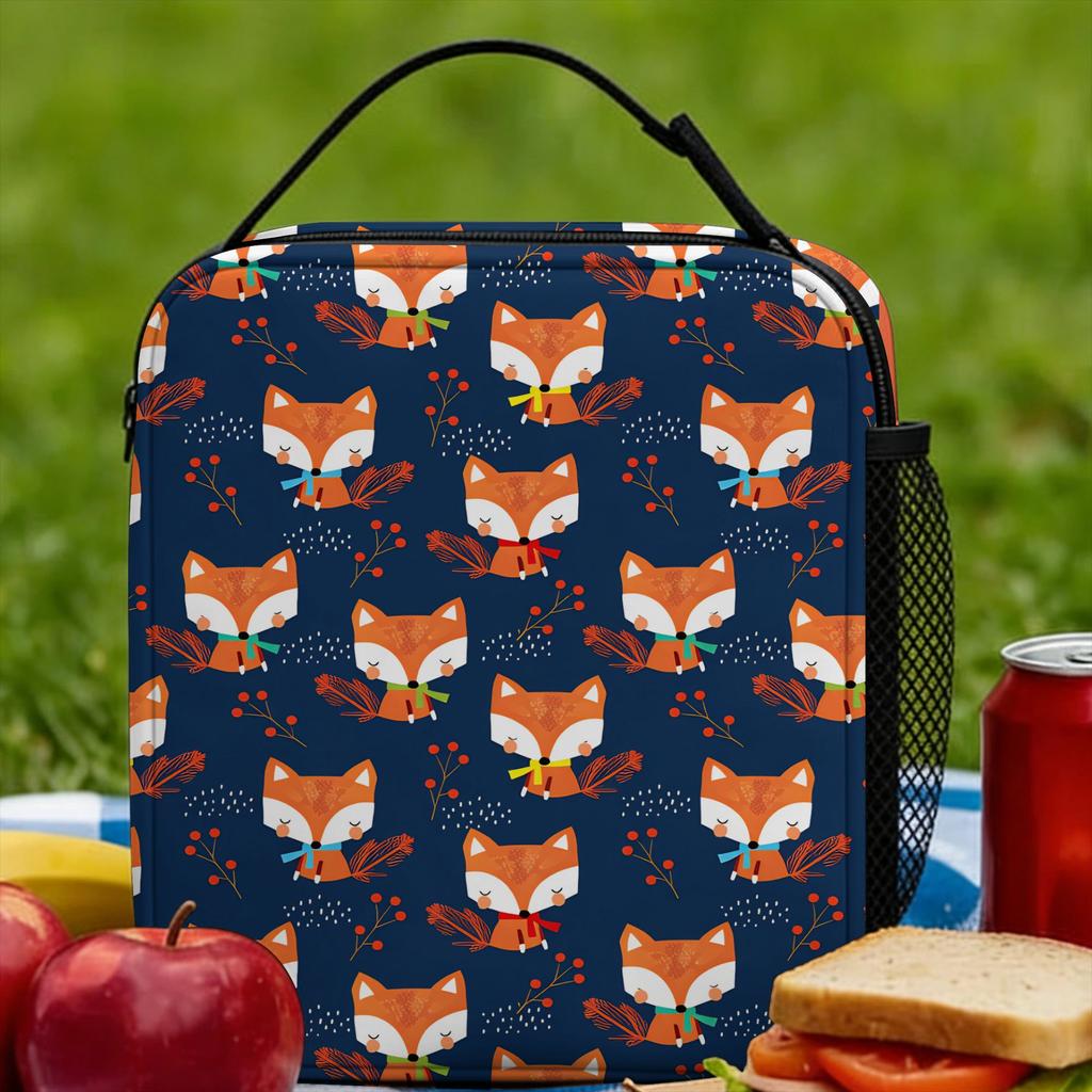 Cute Fox Lunch Bag Vintage Lunch Box For Unisex Picnic Portable Zipper Cooler Bag Oxford Print Tote Food Bags