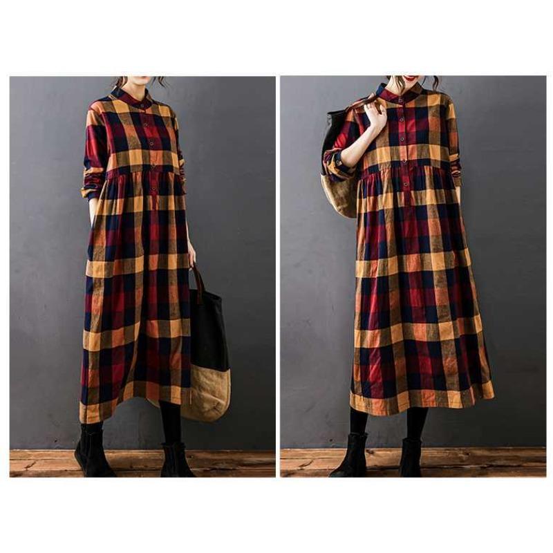 Women's Loose Spliced Cotton Linen Long Sleeved Dress