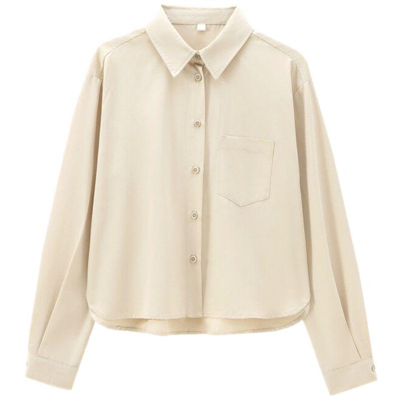 Fashion Style 2024 Autumn New Women's Silk Satin Texture Twill Basic Long Sleeves Lapel Shirt 8954316