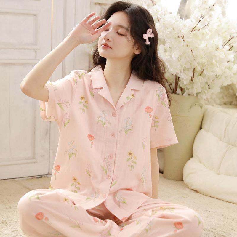 Pajamas women's summer chest pad pure cotton cotton yarn simple casual short-sleeved trousers can be worn outside loungewear set 19