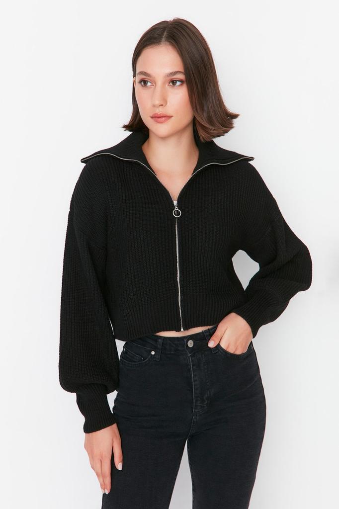 Женский элегантный кардиган, черный укороченный трикотажный кардиган на молнии