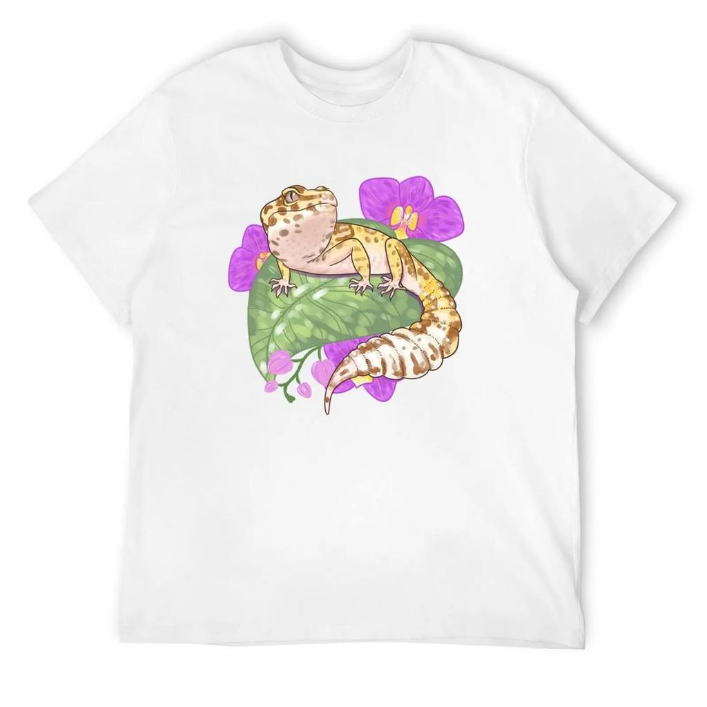 Leopard Gecko With Orchids T-Shirt Vintage Customs Design Your Own Blacks Blue Archive Black T Shirts For Men