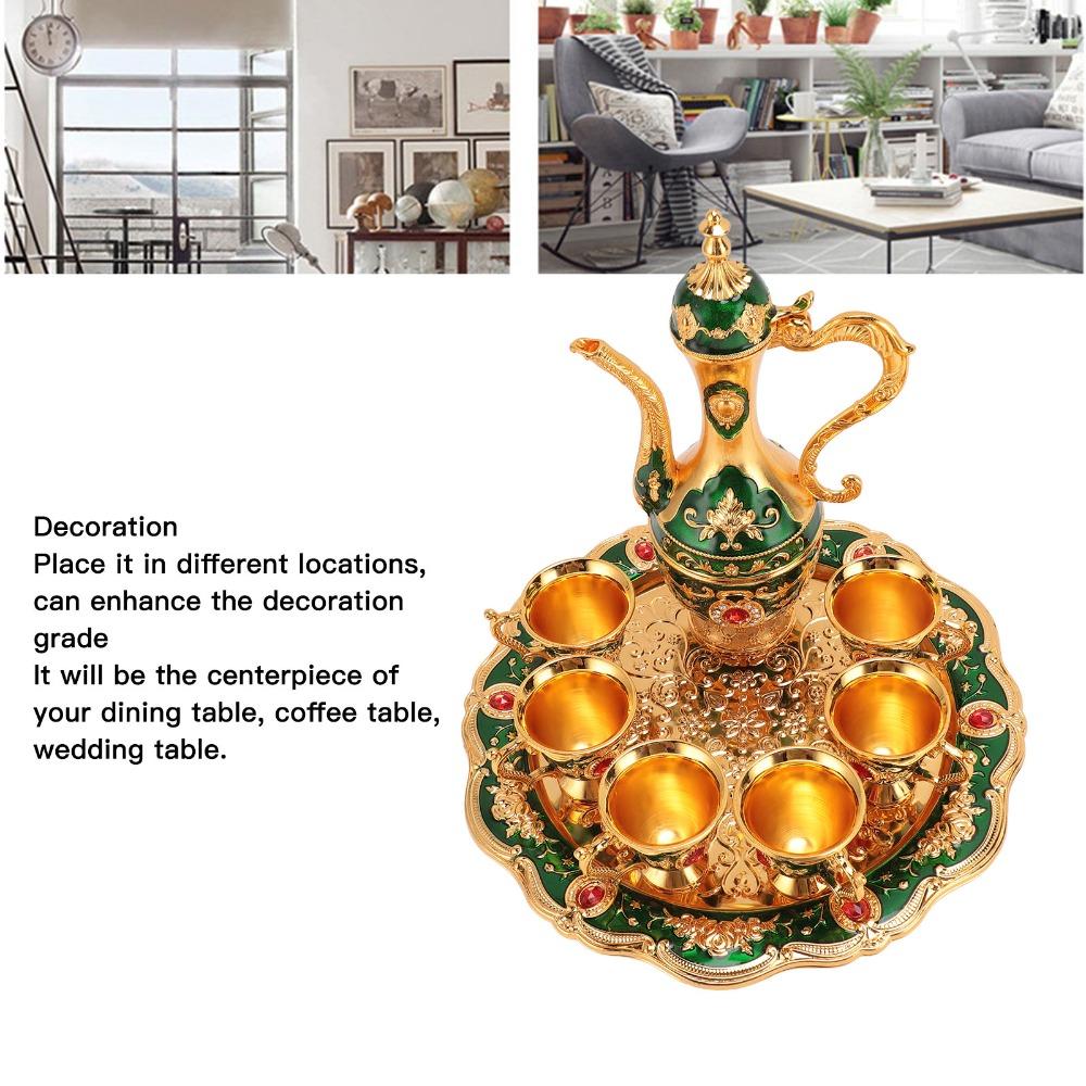 8PCS Zinc Alloy Wine Pot Kit Gold Green Turkish Tea Set Tea Sets Coffee Pot Set Home Party Decor