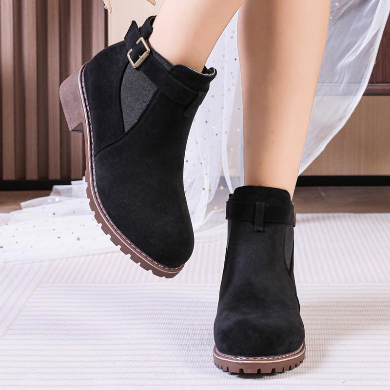 Autumn and Winter Footwear Plus Size Thick Bottom Short Tube Thick Heel Retro Round Head Belt Buckle Women's Boots Women's Shoes