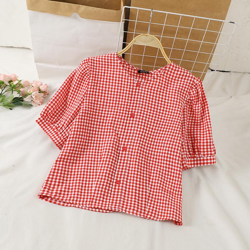 VONDA Женская летняя блузка с круглым вырезом и коротким рукавом, свободная клетчатая блузка