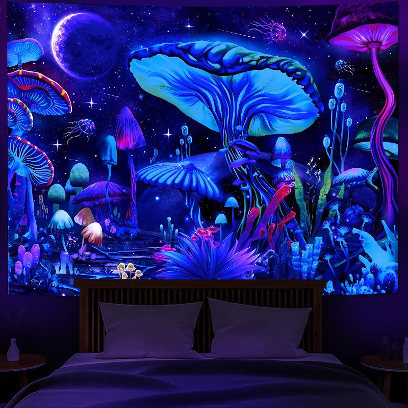 Black Light Moonlight Lake Butterfly Tapestry psychedelic Tropical Forest Polyester Wall Hanging Room Decoration