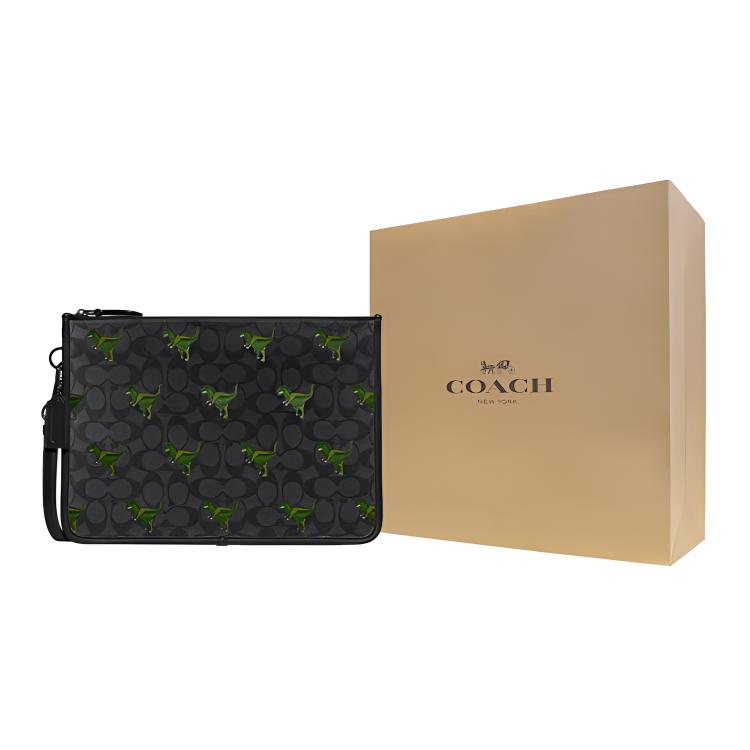 Coach Charter 30 Classic Monogram Print Zipper Closure Cartoon Dinosaur Print Coated Canvas Wristlet Clutch Large Men clutch Black CF063-MI5