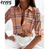 Женская мода повседневная весна осень клетчатый принт длинный рукав воротник поло блузки и рубашки