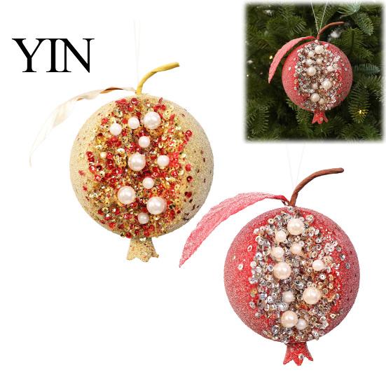 Red And Gold Baubles Handmade Glitter Christmas Tree Pendant, Imitation Pearls Pomegranate Shaped Luxury Shapes Baubles, Decorative Hanging Ornaments