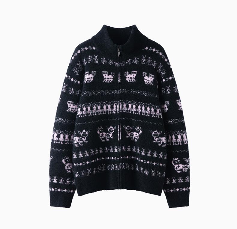 Women's Color Block Cashmere Sweater: Autumn/Winter Jacquard Loop Yarn Half-High Collar Zipper Cardigan