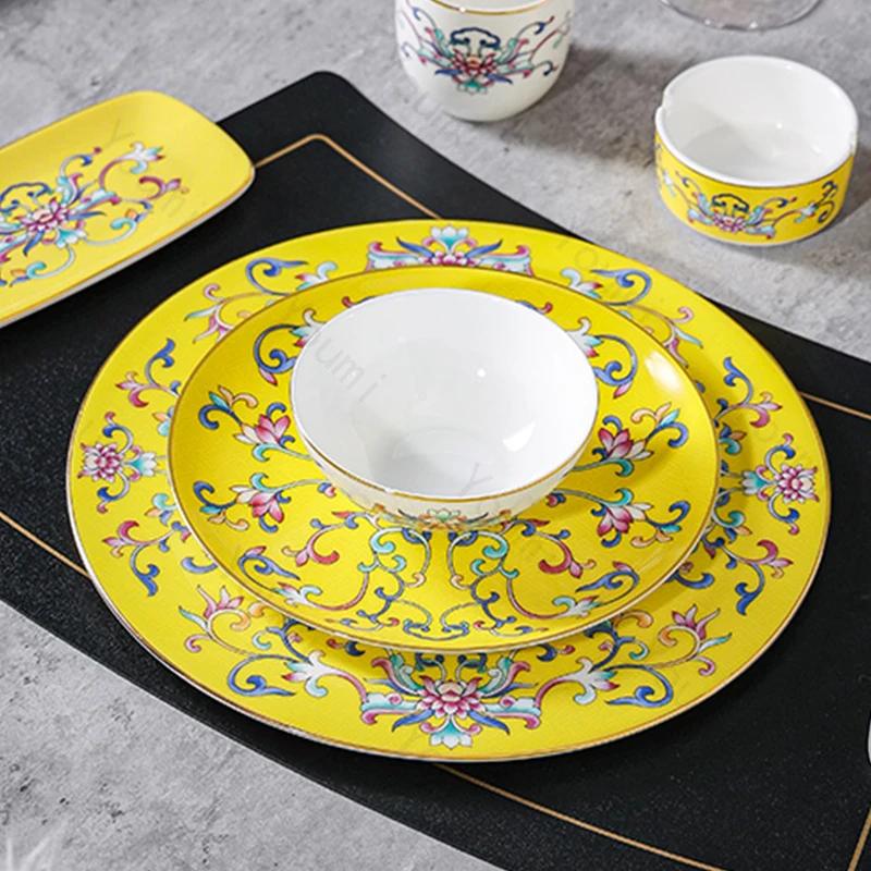 Ретро эмалированные цветные обеденные тарелки, легкие роскошные креативные миски и наборы тарелок для отелей, изысканные блюда, бытовая керамическая тарелка