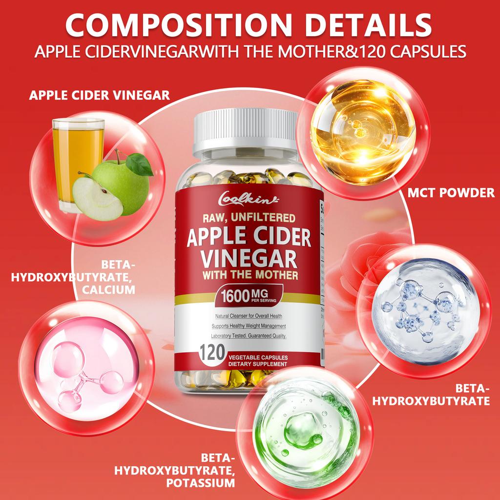 Coolkin Raw Unfiltered Apple Cider Vinegar with The Mother Capsules 1600mg 120 Count