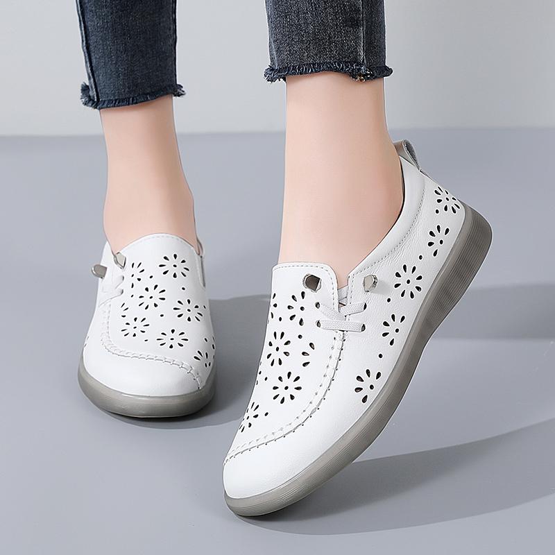 35-41 Women's Large Breathable Fashion Flat Leather Shoes with Hollow Out Shoes White Shoes Lefu Shoes