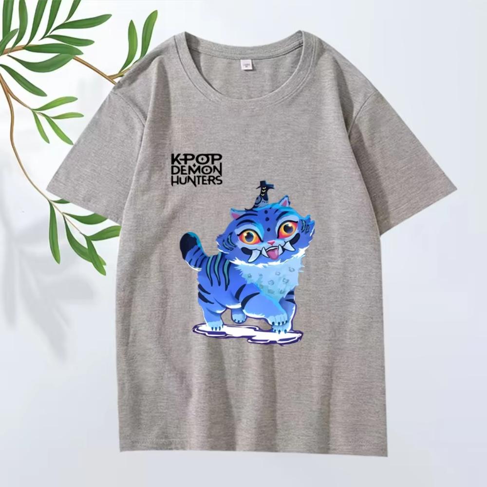 Милый Кот-Демон Kpop Охотник на Демонов Классическое Аниме Футболка 2025 Мужская Женская Оверсайз Хлопок Короткий Рукав Летняя Принтованная Унисекс Футболка