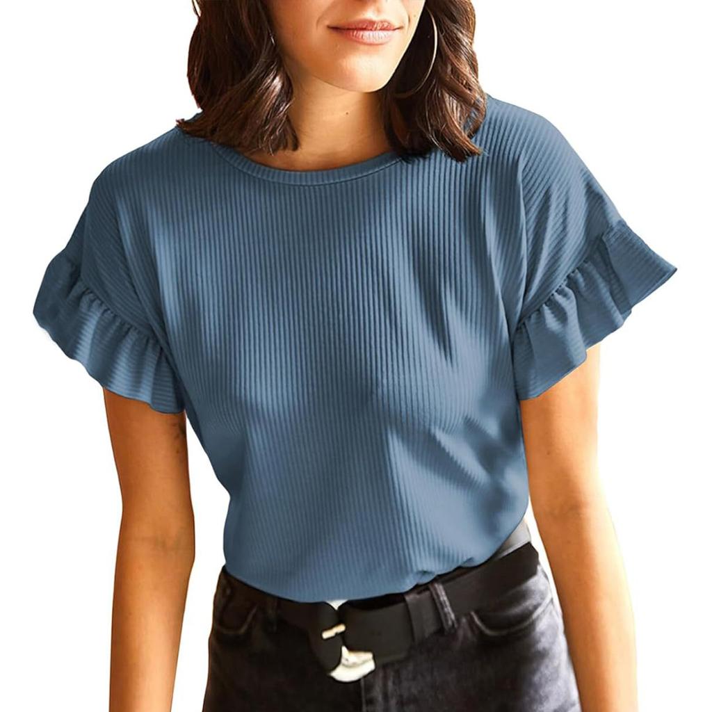 Женская футболка с коротким рукавом, повседневные базовые футболки, летние однотонные вязаные футболки свободного покроя с рюшами и круглым вырезом, блузки