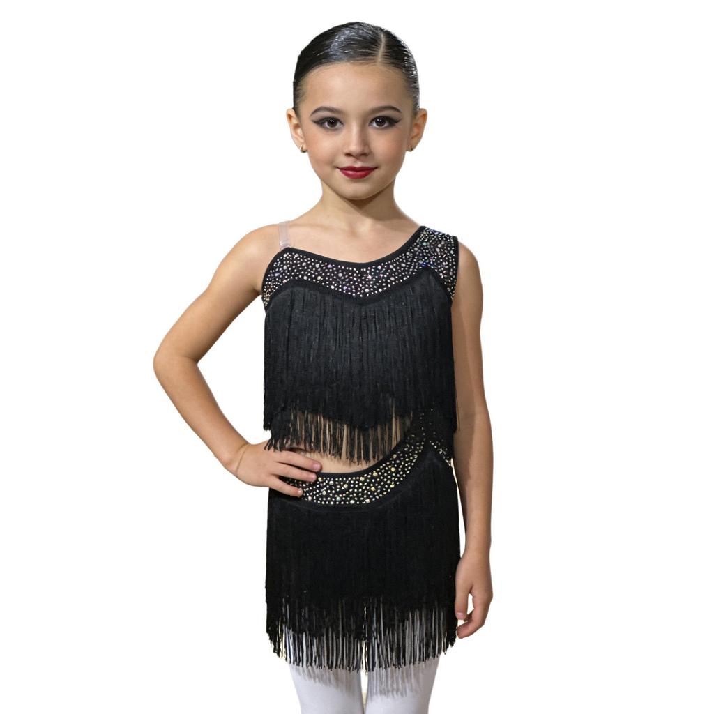 Girls Tassel Latin Dance Dress Asymmetrical Fringe Shiny Rhinestones Cutout Stage Performance Costume