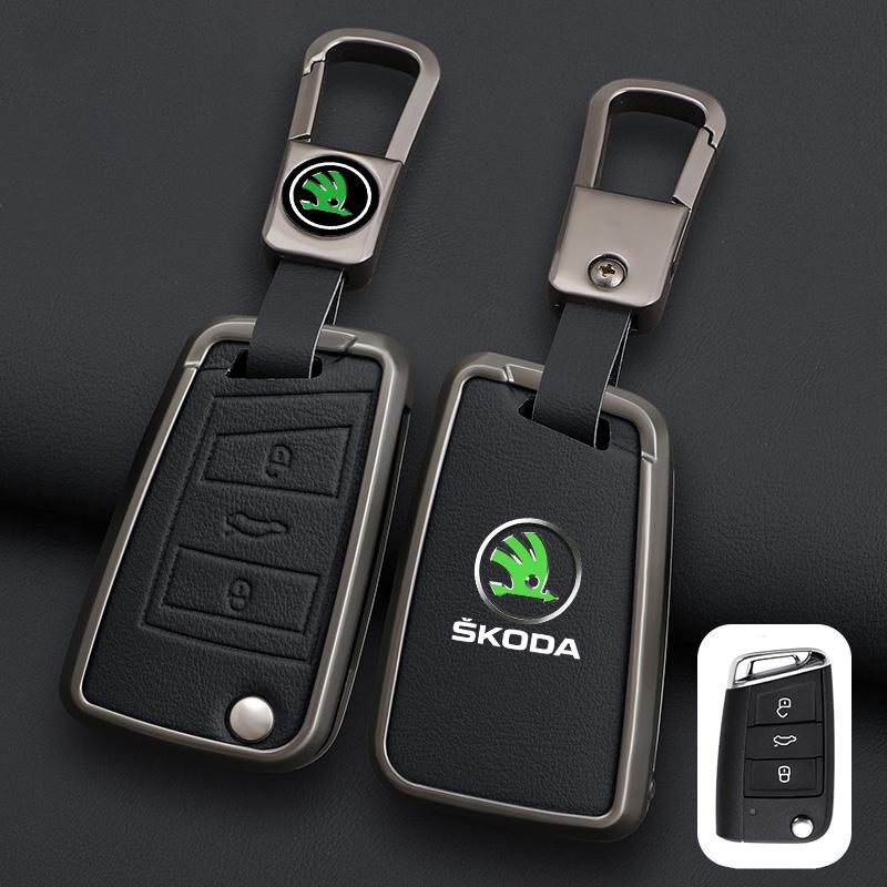 XOWS7 Zinc Alloy Leather Car Remote Key Case Cover Protector Shell Fob For Skoda Superb A7 Kodiaq Octavia A7 A8 Keychain Accessories