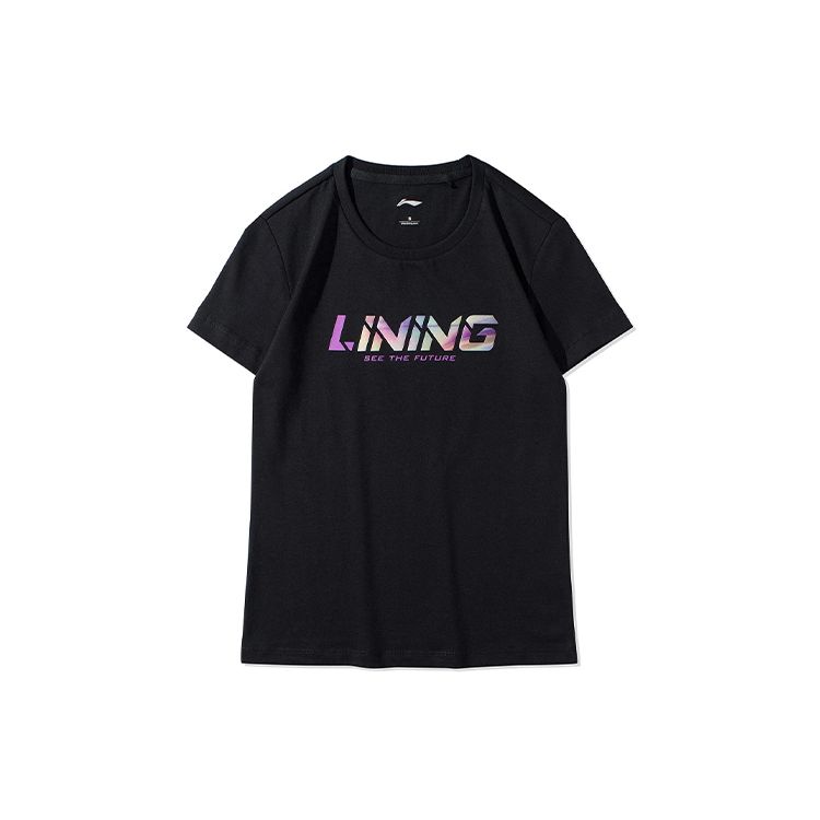 Li Ning Sports Fashion Series Logo Print Светоотражающая спортивная футболка с коротким рукавом для женщин, топы черного цвета AHSR964-2