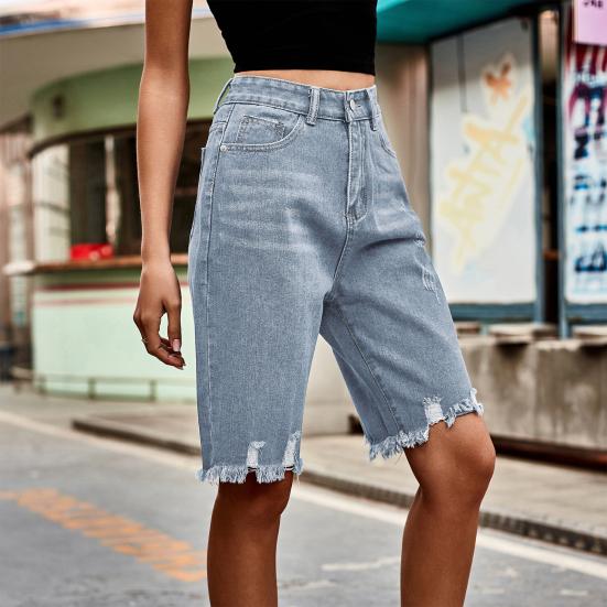 Женские джинсовые шорты-бермуды с высокой талией и потертостями, рваные эластичные джинсовые шорты длиной до колена с карманами и необработанным краем, короткие брюки
