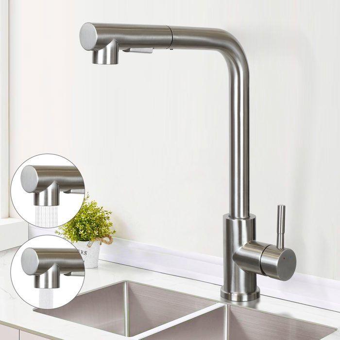 Robinet de cuisine - NETTLIFE - Mitigeur extractible - Bec rétractable - Douchette - Rotation 360° - Inox brossé