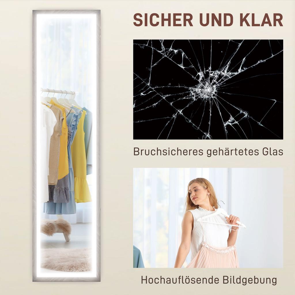 LED Full-Length Mirror, 40 x 160 cm, Touch Control, Dimmable, 3 Colors, Grey
