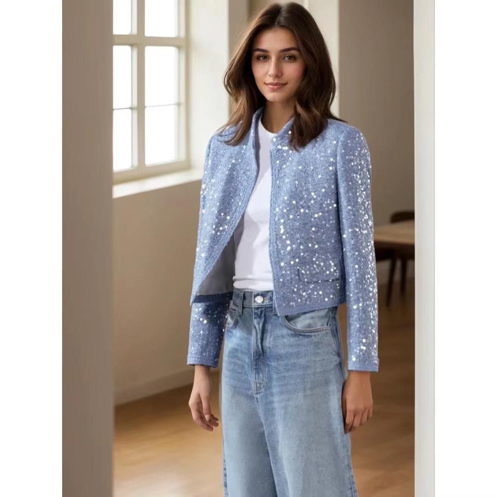 Женская короткая куртка с пайетками, воротником-стойкой, длинными рукавами и карманами, весна и осень, новый женский шикарный кардиган