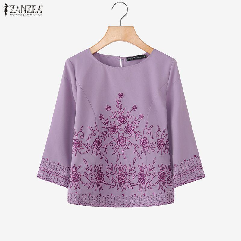 ZANZEA Женская повседневная блузка с круглым вырезом и рукавом 3/4 с вышивкой