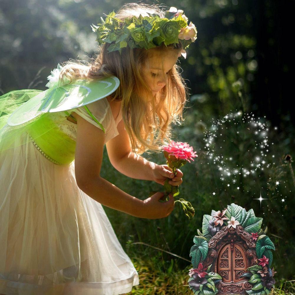 Wooden Elf Door Art Statues Handmade Windows Door Miniature Garden Decorations