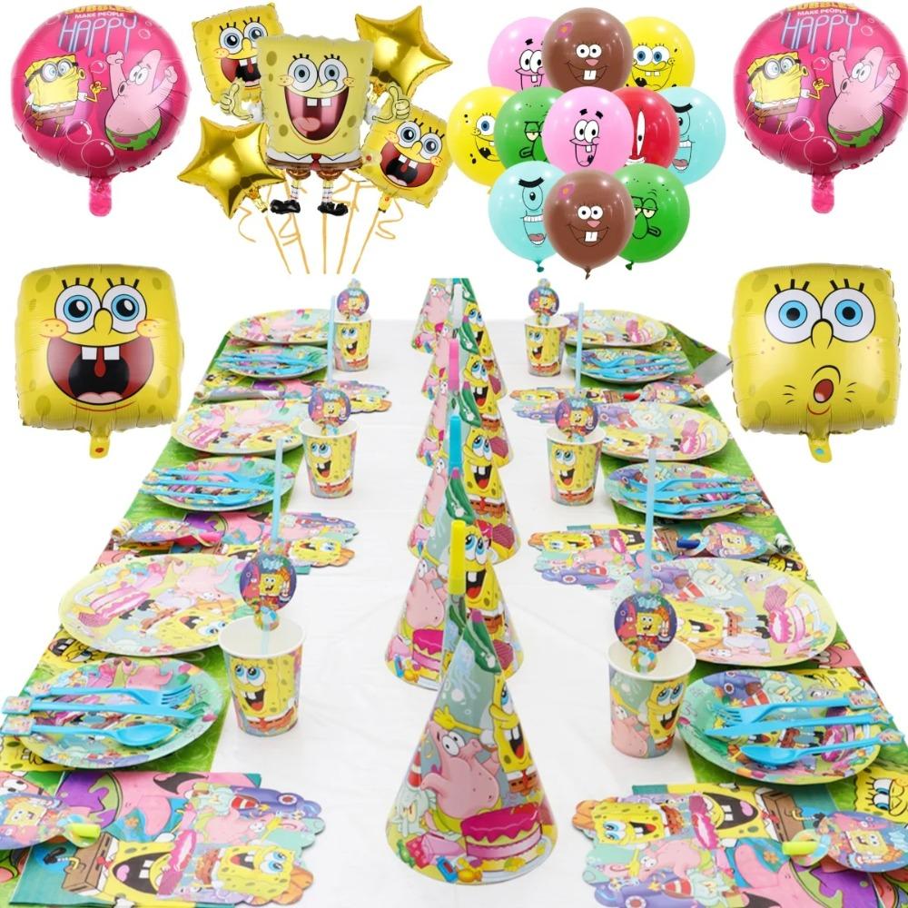 Cartoon SpongeBob Birthday Party Themed Disposable Tableware Balloon Set party Hat Mask Napkin Horn Banner Backdrop Baby Shower