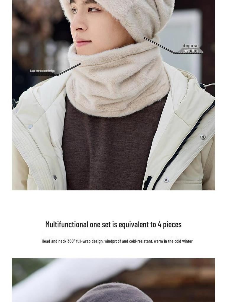 Men's 2025 Velvet Thick Beanie with Scarf & Ear Protection - Windproof & Warm for Autumn/Winter