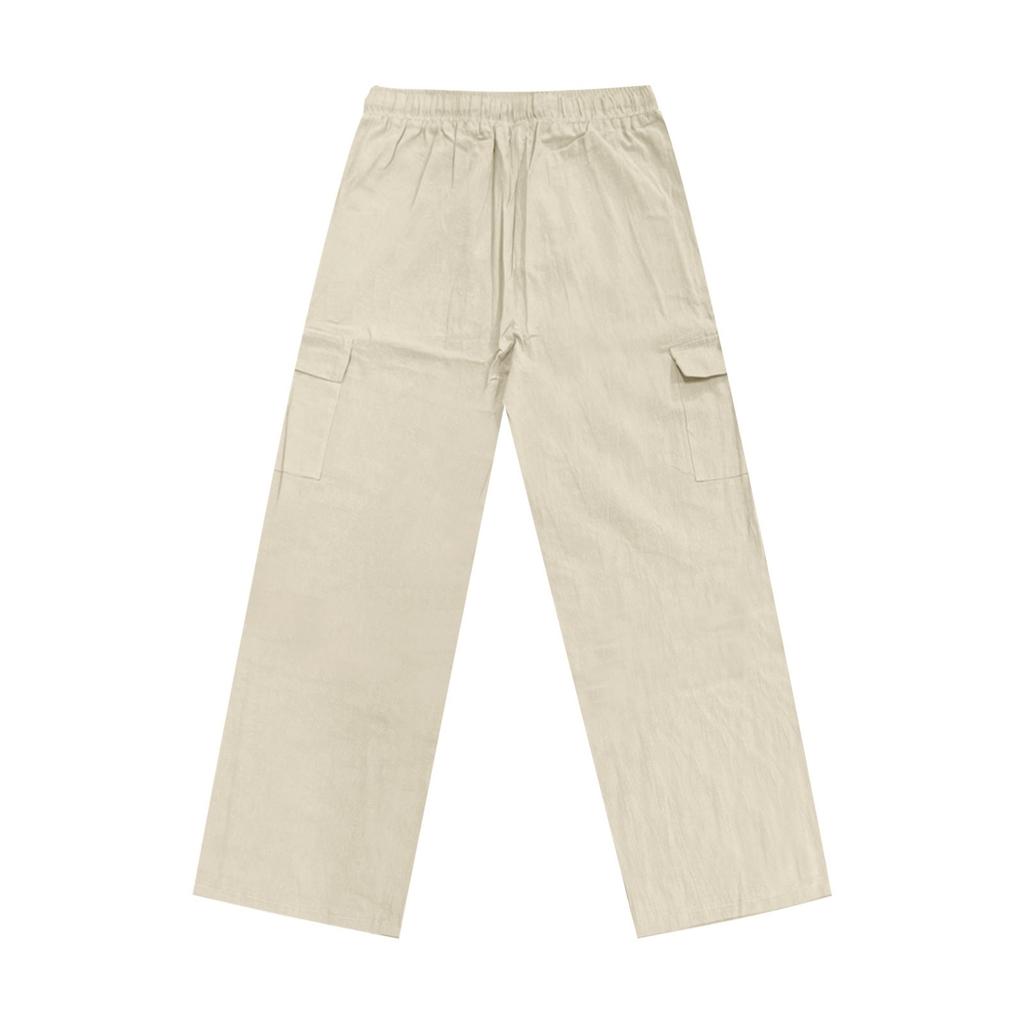 Брюки-карго из хлопка и льна с дышащей эластичной талией и шнурком, мужские повседневные свободные летние пляжные брюки